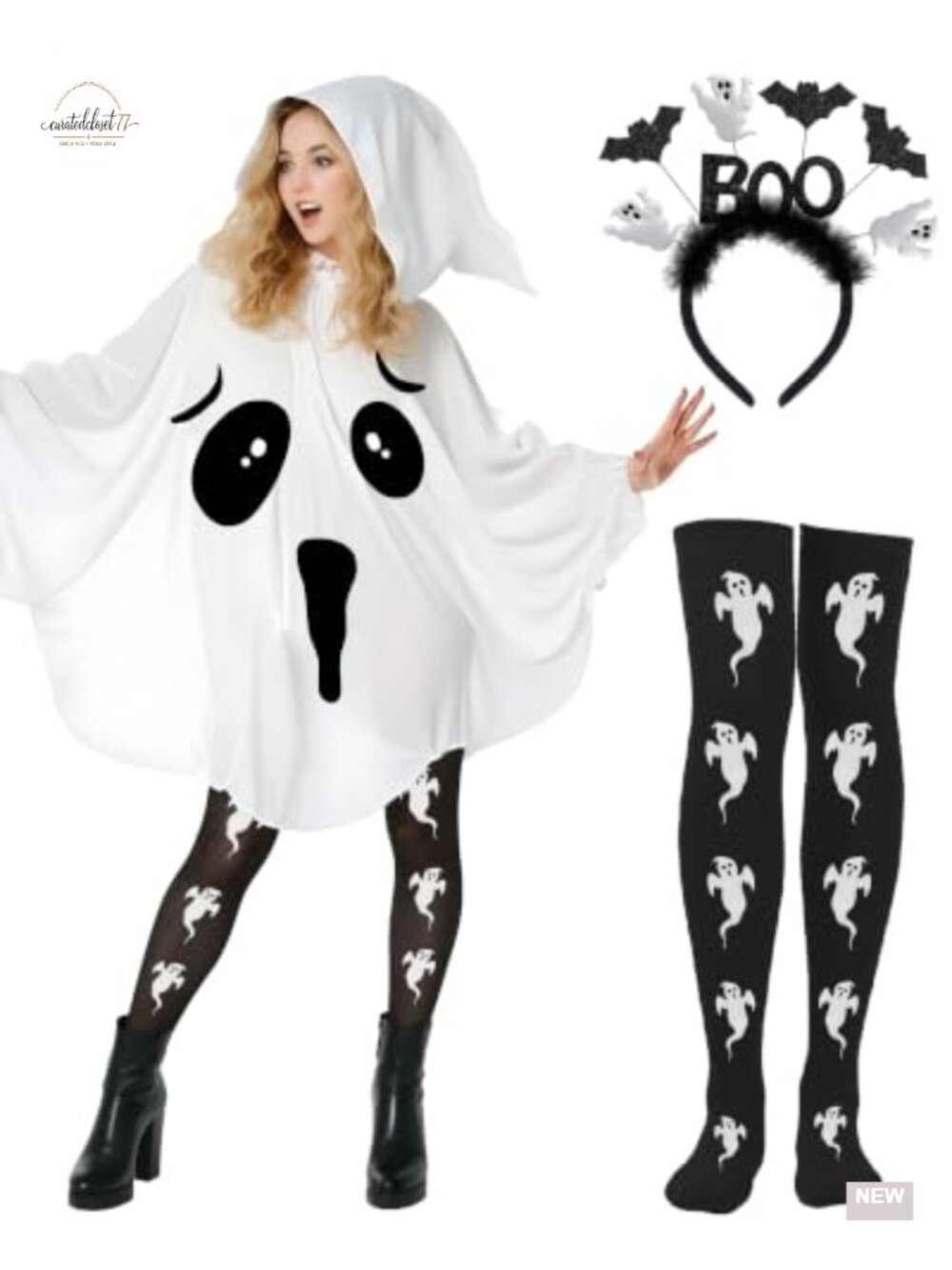 3-Piece Ghost Costume Set Hooded Cape BOO Headband Thigh-High Socks Halloween